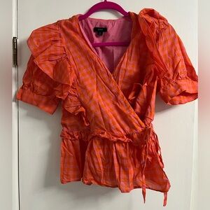 J. Crew Vibrant Orange Plaid Wrap Blouse